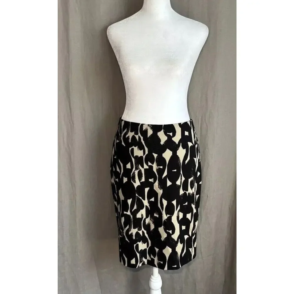 Ann Taylor Pencil Skirt Womens Black Brown Geometric Knee Height Zip Up Back